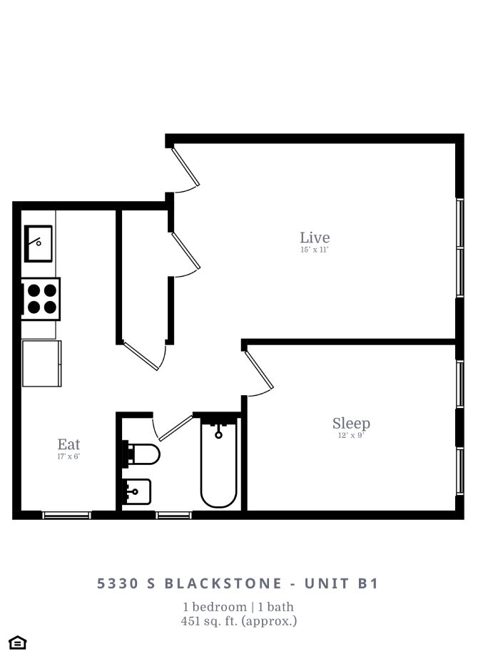 Floor plan for 1 bed, 1 bath, 410 sqft